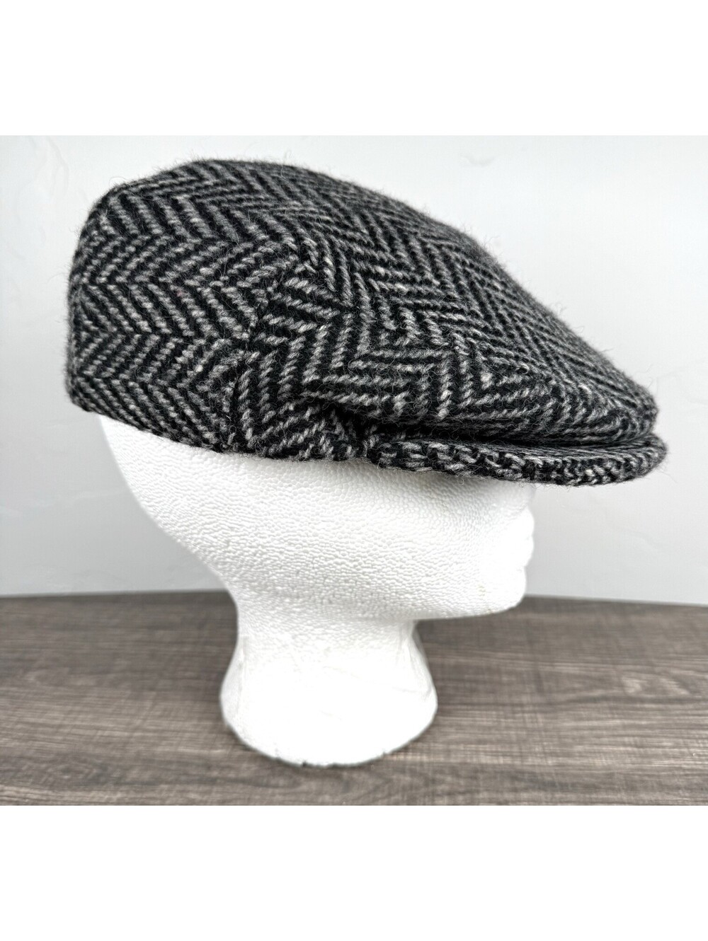 Mizen Head Ireland Wool Tweed Flat Cap Newsboy Hat Gray Black Herringbone L Vtg